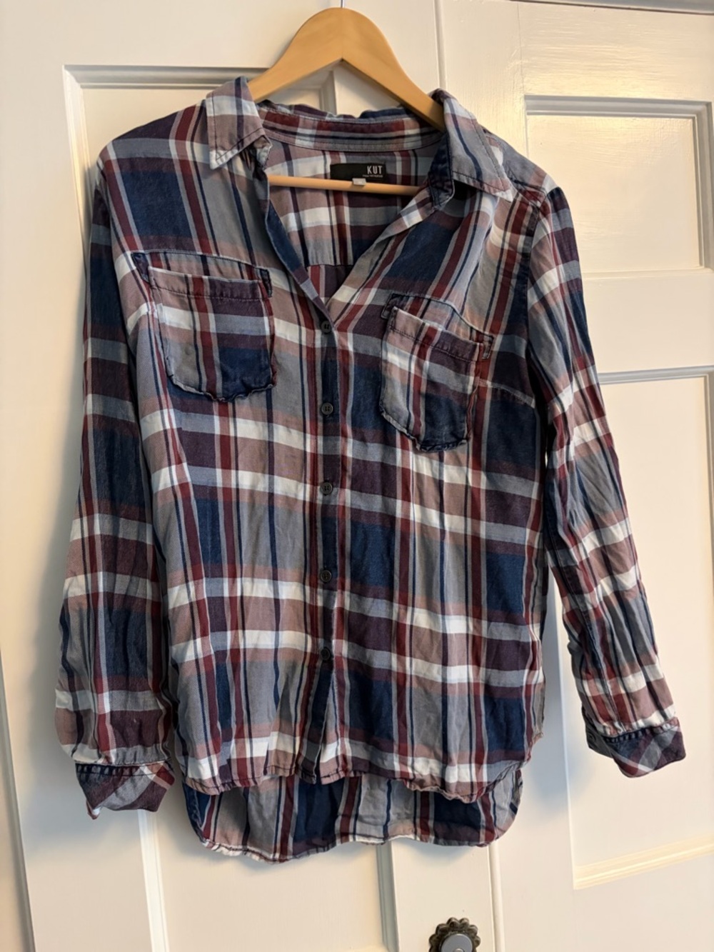 Kut from the Kloth Plaid Button-Down Shirt - Navy & Burgundy - size M